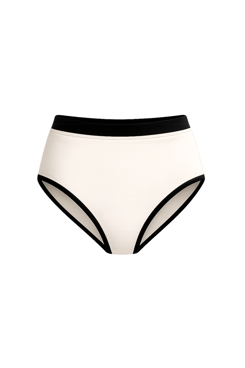 Ghost product image of the Monte Carlo bikini bottom in Cream and Black. This high-waisted silhouette features a vintage-inspired design, combining a cream body with contrasting black waistband and trim for an elegant, timeless look.