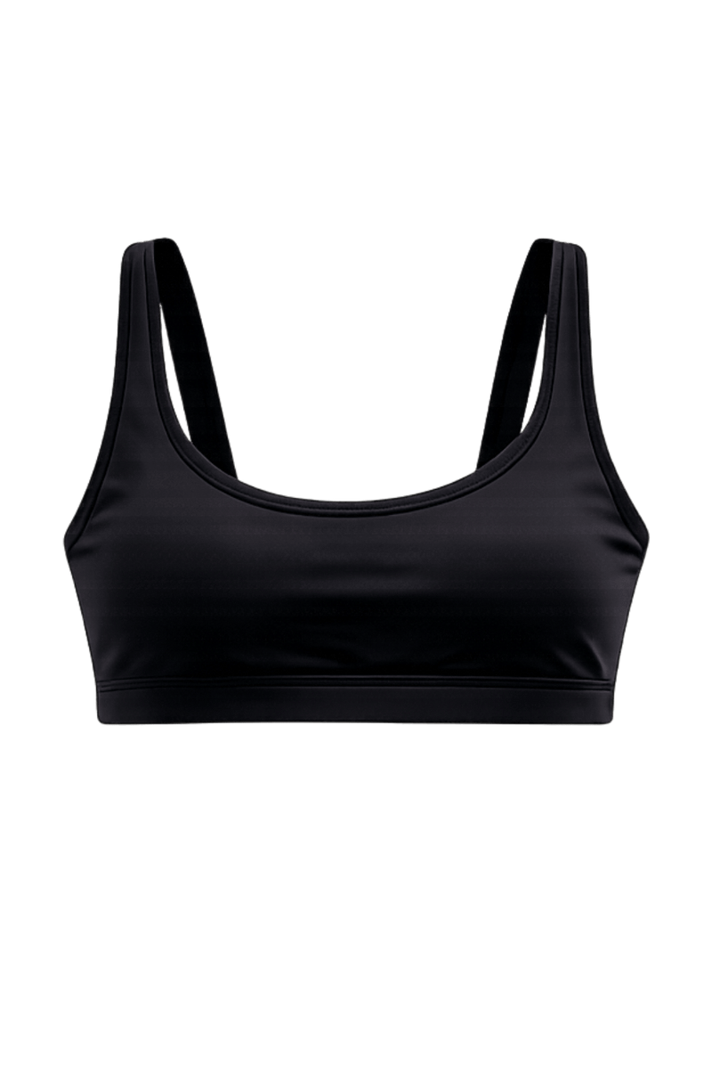 Ghost product image of the back of a black MicroPerle® compression bikini top. This style features a rounded neckline, supportive wide straps, and a clean, minimalist silhouette inspired by timeless resort swimwear.