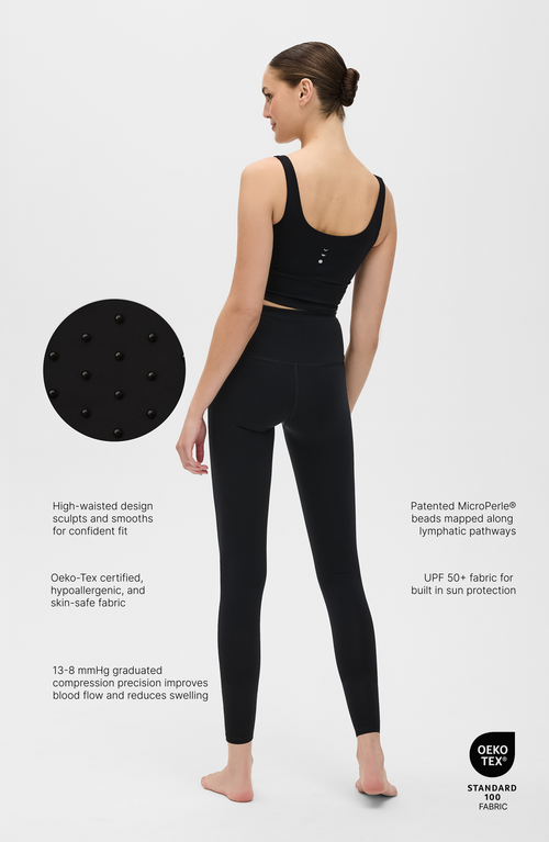 Load image 1 in gallery view. L’Original Leggings in black, made from OEKO-TEX® certified compression fabric featuring Elastique’s MicroPerle® technology to promote lymphatic drainage, enhance blood circulation, reduce fatigue, and smooth the skin.