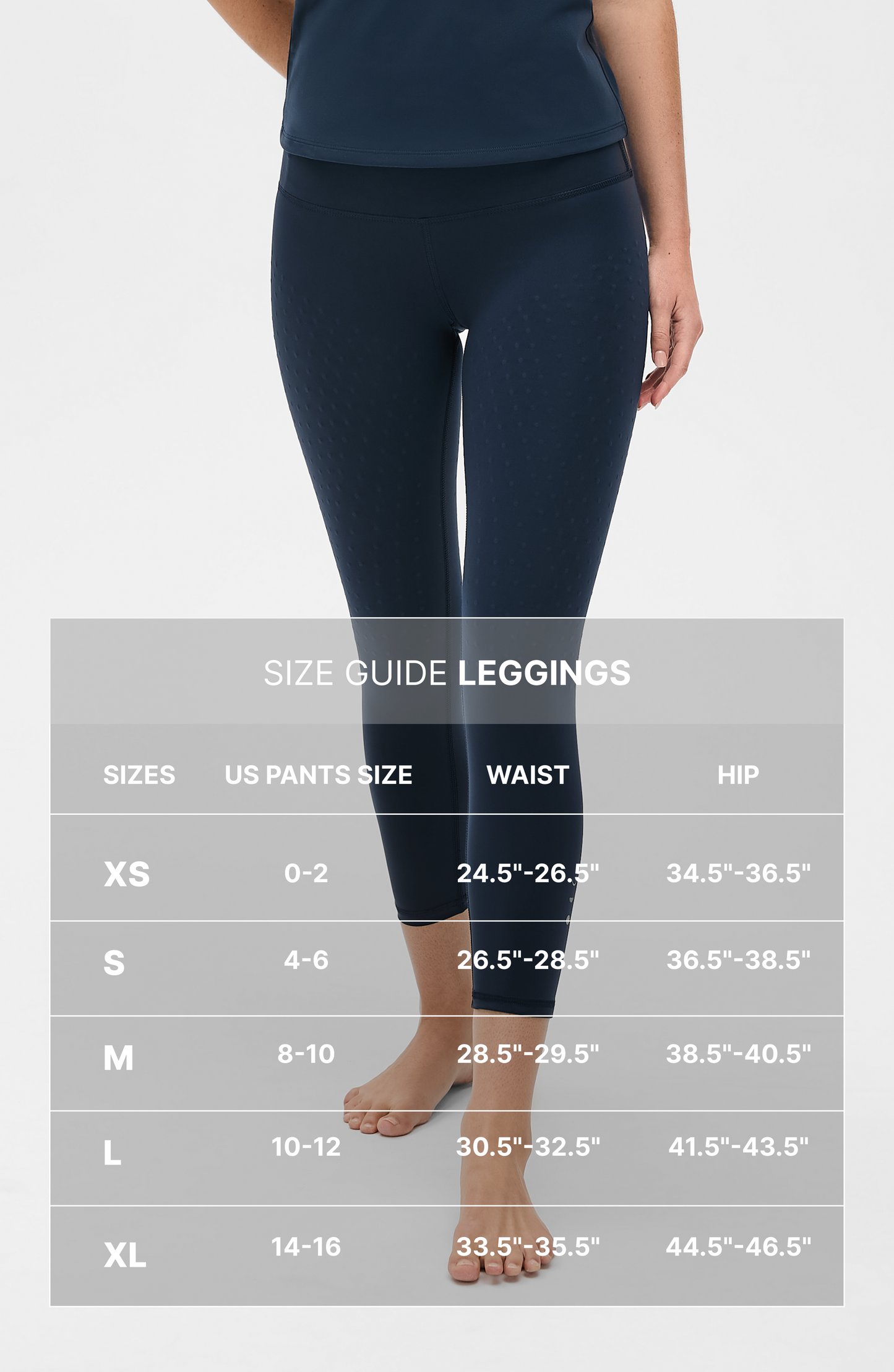 size chart for leggings with L'Original legging in navy blue displayed in the background