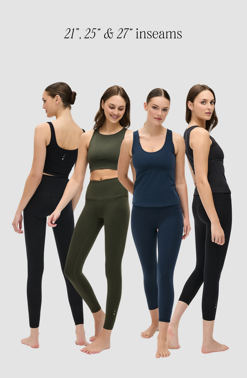 Load image 1 in gallery view. groups of models showcasing L'Original leggings in black, olive green, navy blue and matching bars and tops. Highlighting the different inseams options 21'', 25'' and 27''.