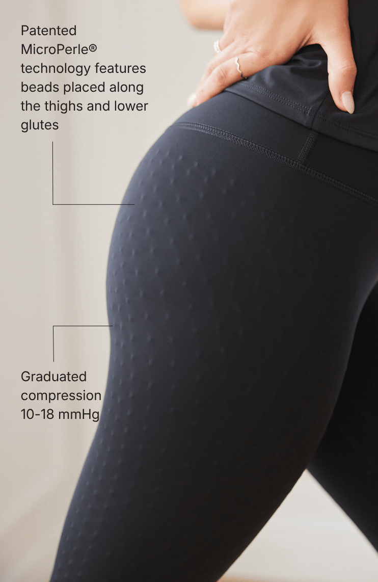 L'Original leggings in black with OEKO-TEX certified compression fabric, our MicroPerle® technology for lymphatic drainage, better circulation, reducing fatigue, smoother skin. Graduated compression 10-18 mmHg