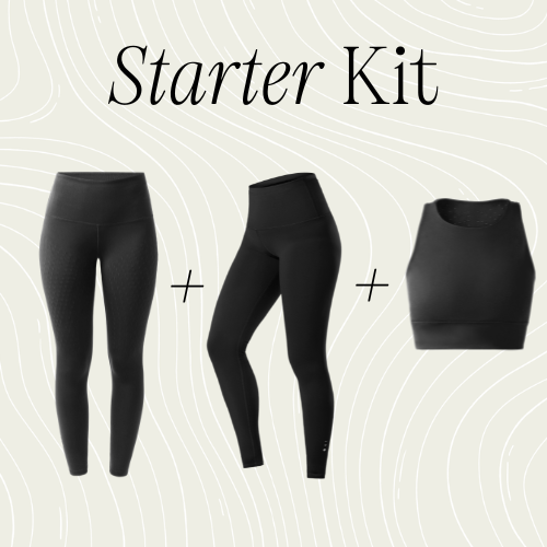 Black leggings and crop top set labeled 'Starter Kit' on a light background