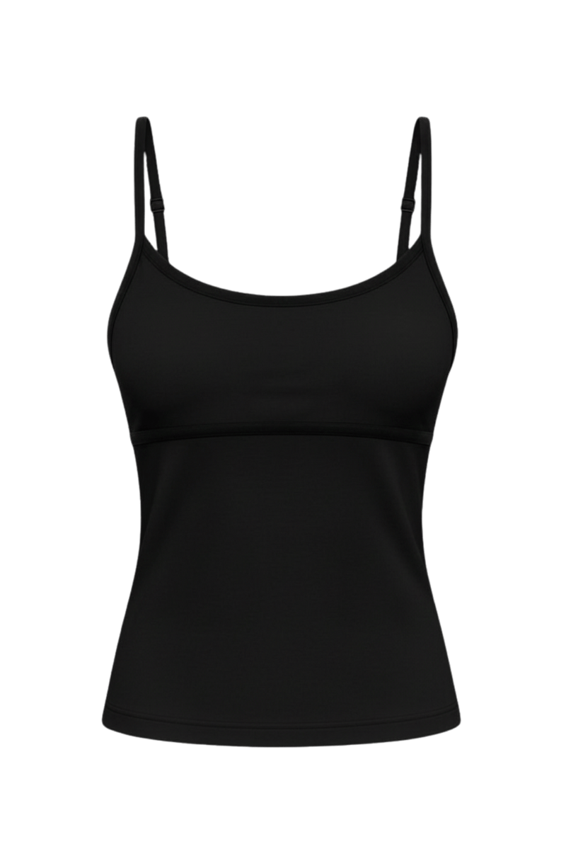 Ghost product image of the Monte Carlo black tank. This elegant silhouette features adjustable straps, a rounded neckline, and a clean, streamlined design that combines comfort, support, and timeless resort-inspired style.
