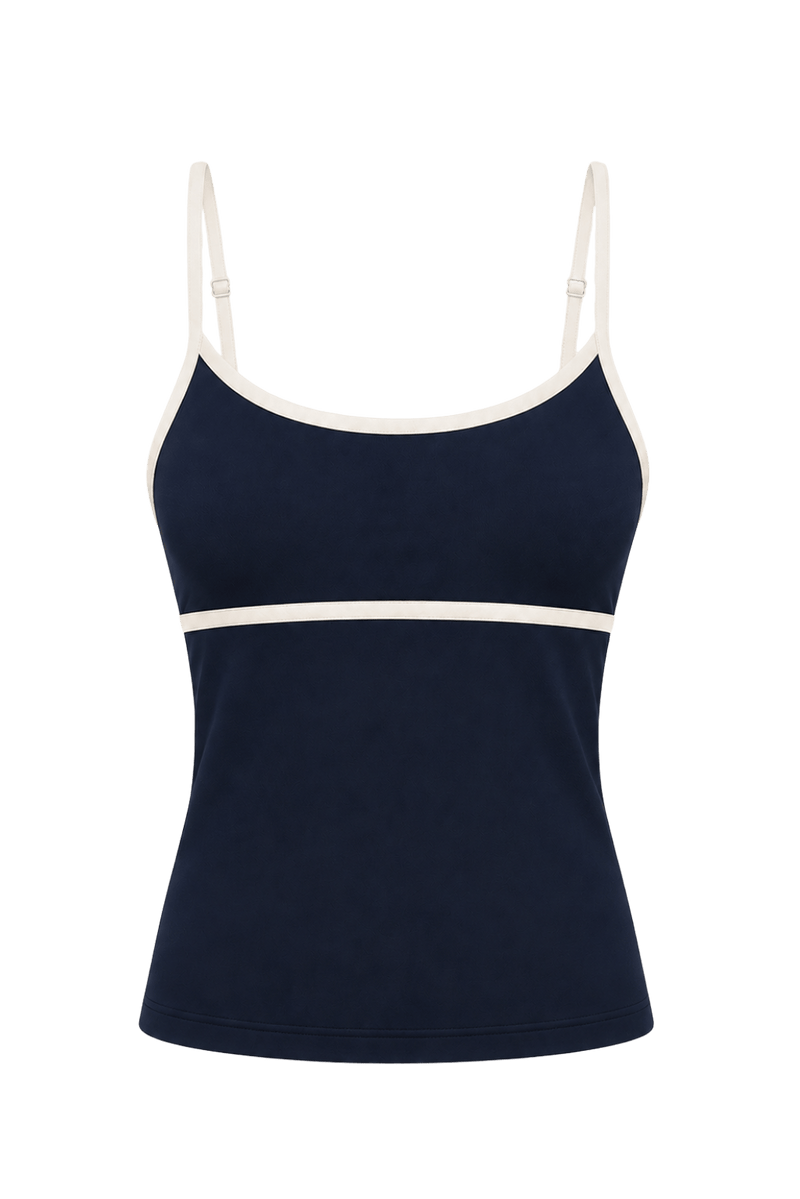 ghost image of a navy compression tank, designed to support lymphatic drainage and provide gentle shaping compression for comfort and recovery by the water.