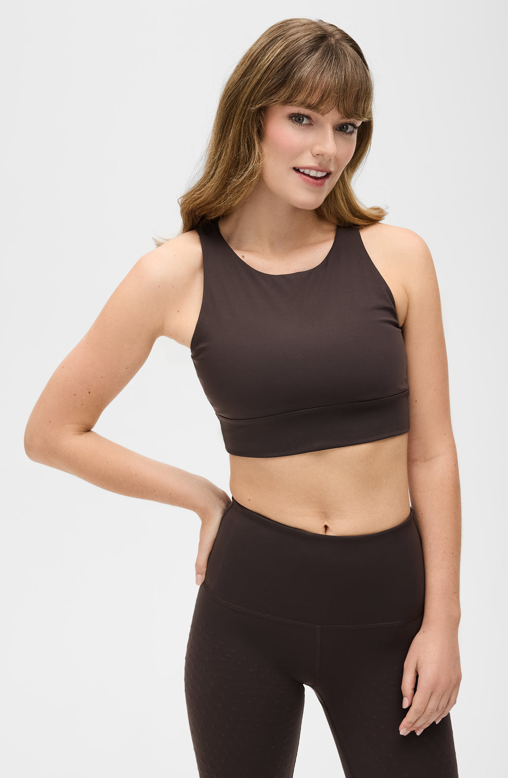 Model wearing L'Original bra in java colour with MicroPerle with oeko-tex compression fabric for better circulation, lymphatic drainage, pain relief