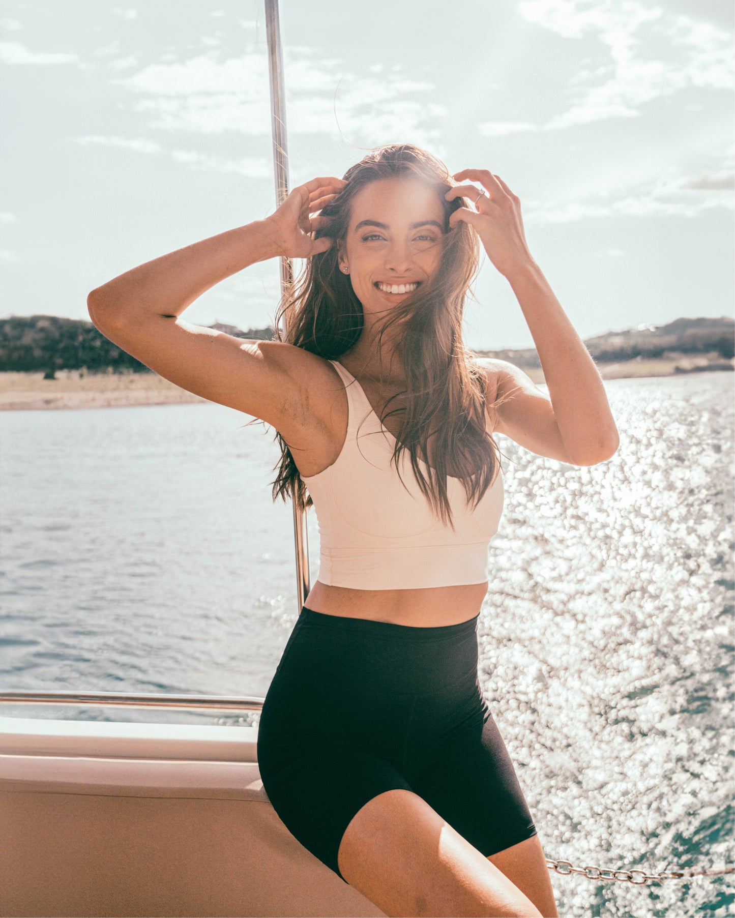 Model wearing Le Divine bra in ivory with MicroPerle on an oeko-tex compression fabric for better circulation, lymphatic drainage, pain relief